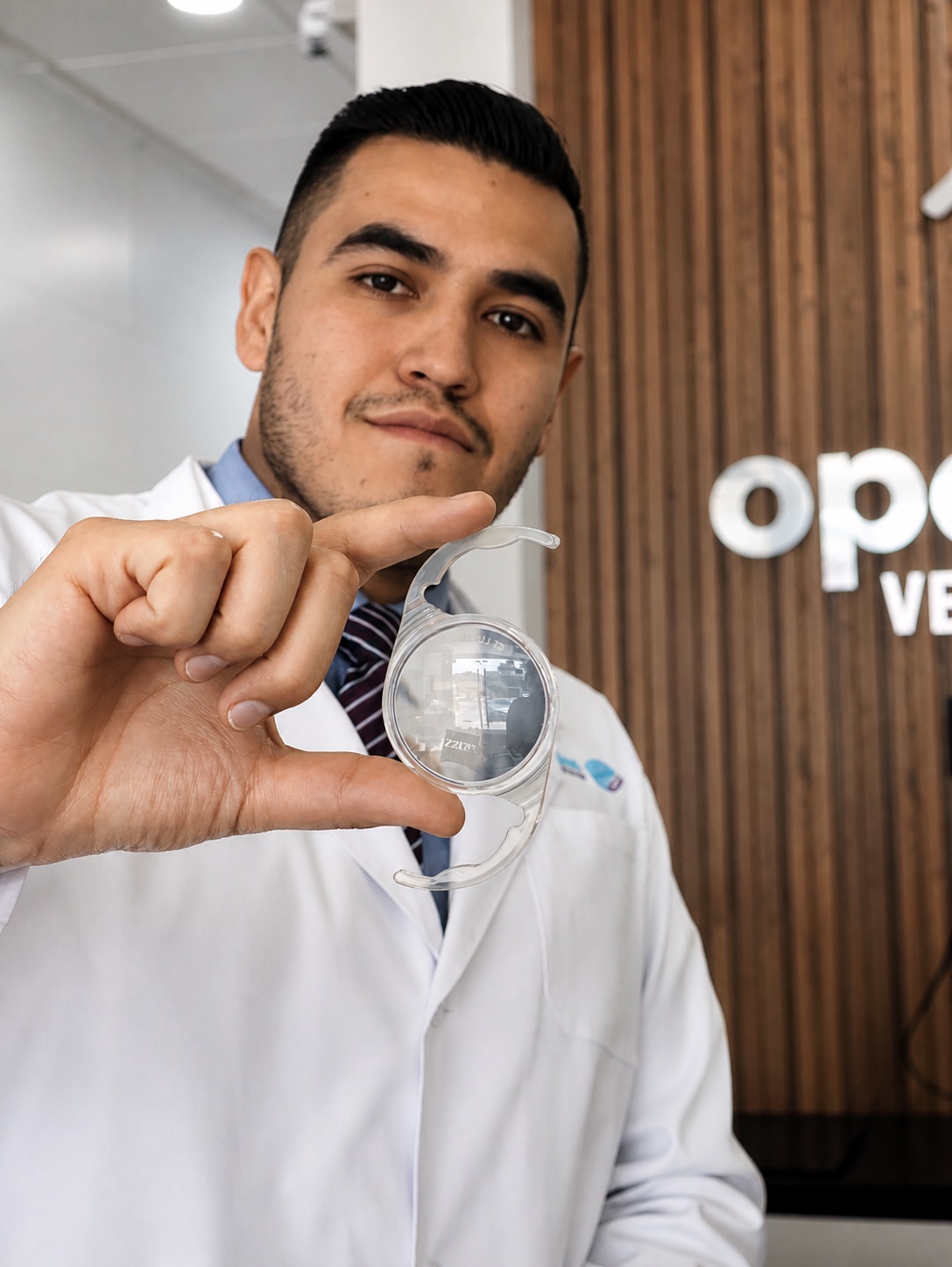 Dr. Roberto López mostrando un lente intraocular en Open Vision